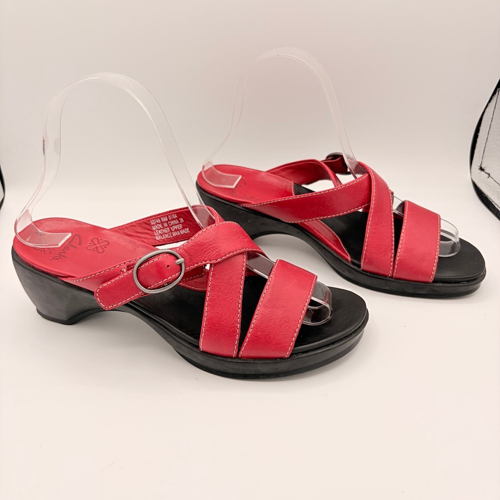 Clarks Wedge Sandals 6.5 Casual Red Leather Strappy Buckle Comfort 33748